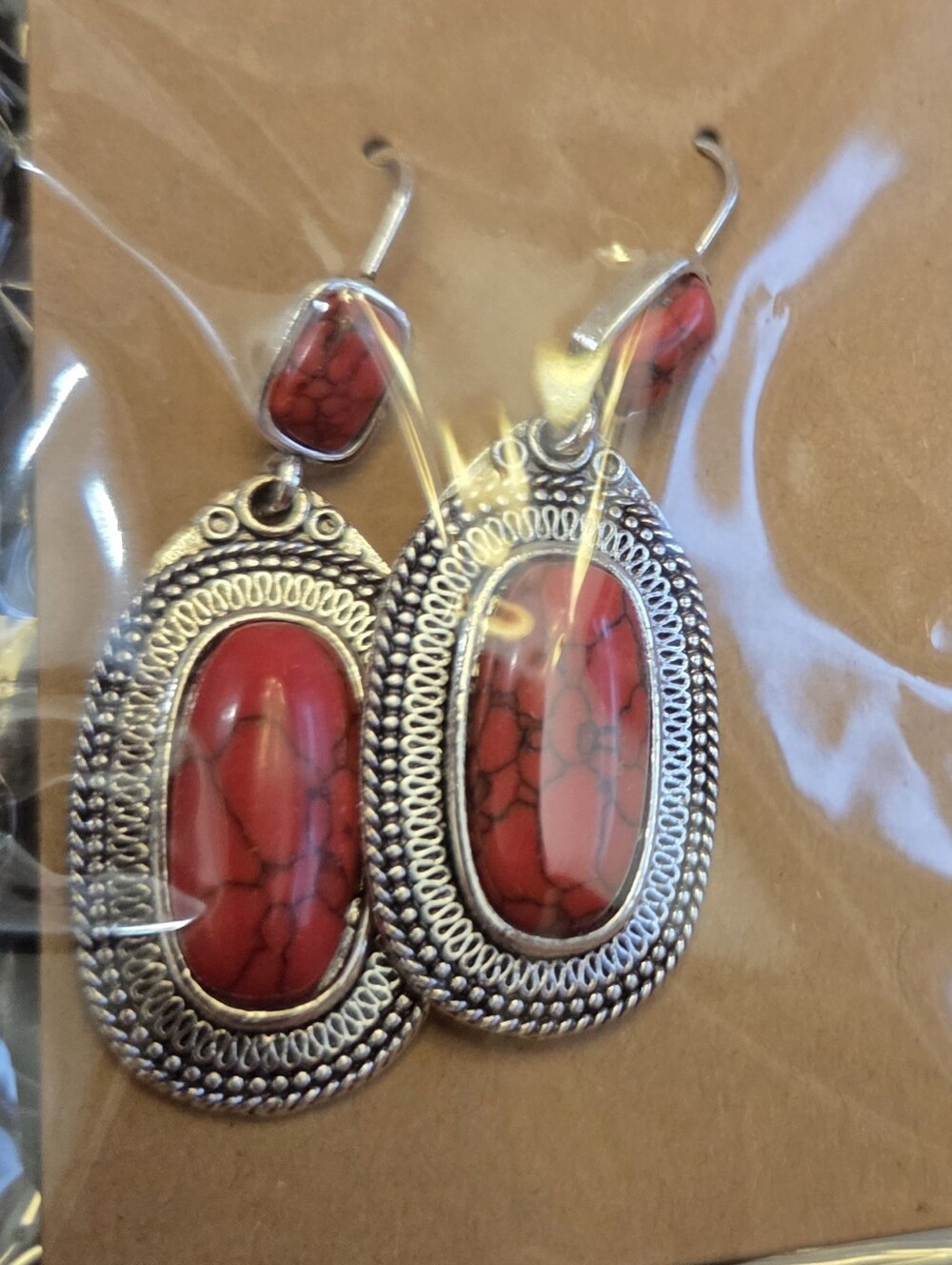 Red Oval Stone Silver-Tone Drop Earrings - Women Jewelry